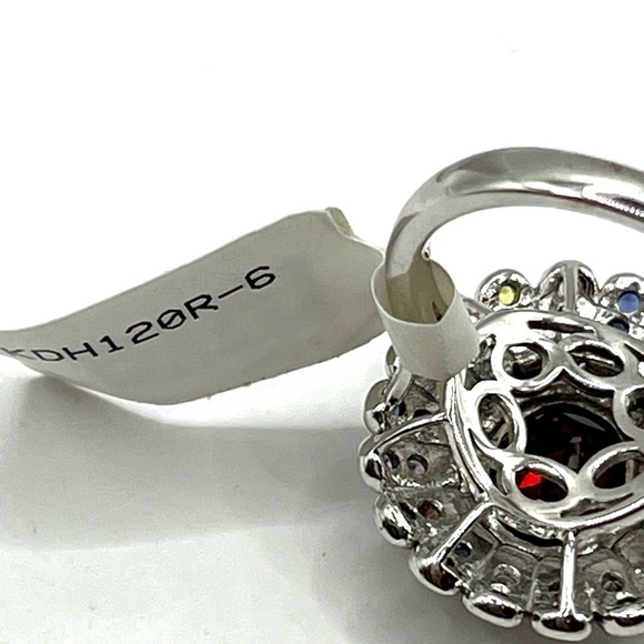 Cocktail Ring Faceted Red Quartz Multi Gemstone Flower Ring Signed FP Sz 6 VTG - Picture 12 of 14